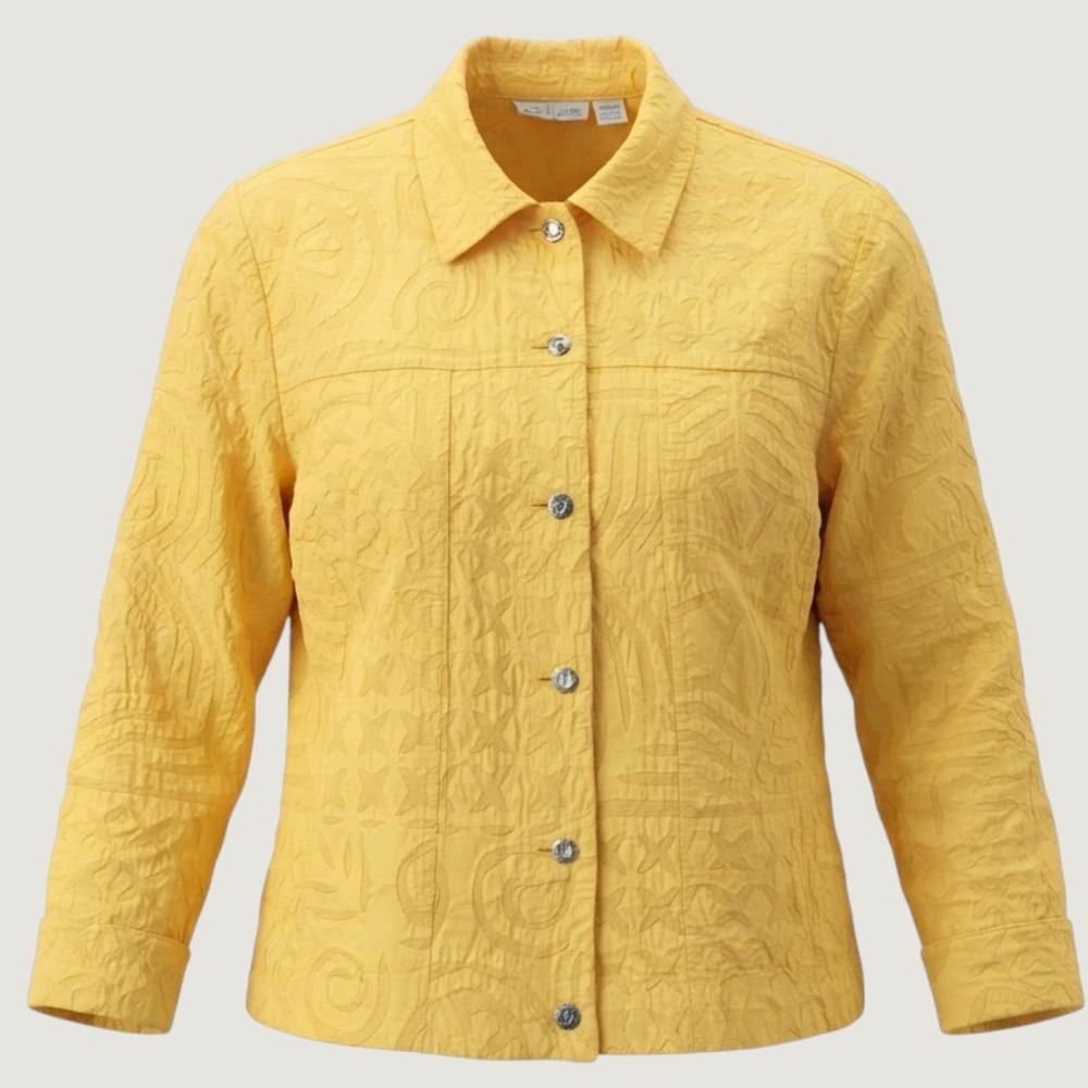 Chicos Yellow Textured Star Applique Cotton Button Down Jacket Size 2 XL
